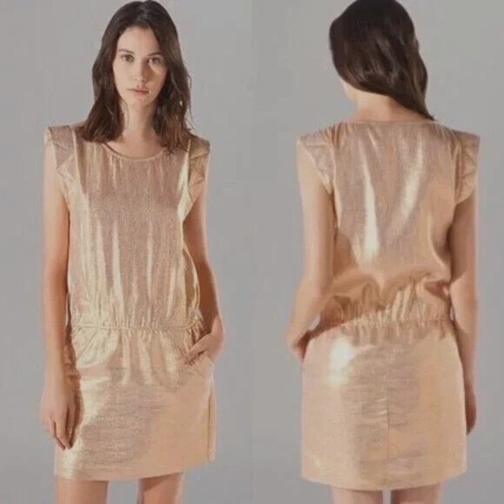 MAJE Dress Shift Mini Metallic Silk SHIMMERING COPPER Aude Pocket 38 6 NWT $340